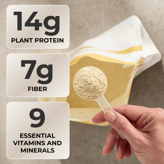 A hand holds a clear scoop filled with beige plant protein powder in front of an open pouch. Three text panels on the left read 14g plant protein, 7g fiber, and 9 essential vitamins and minerals.