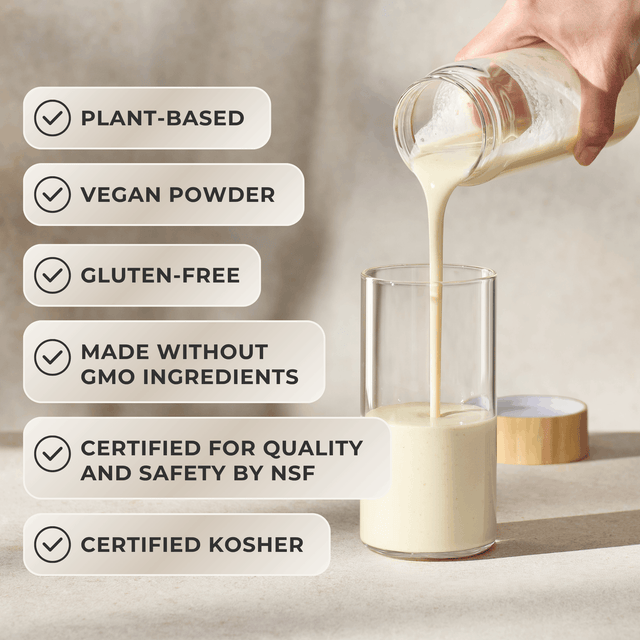Plant-based vegan powder being poured from a glass jar into a clear glass cup, with a hand holding the jar. Text on the left lists product benefits: plant-based, vegan powder, gluten-free, made without GMO ingredients, certified for quality and safety by NSF, and certified kosher.