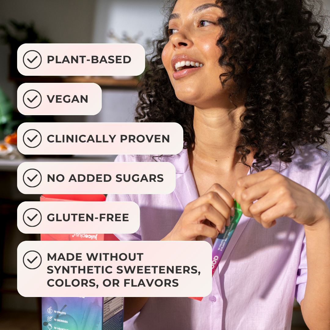 A woman in a lavender shirt is shown opening a packet of sweetener mix, with large text callouts listing product benefits: plant-based, vegan, clinically proven, no added sugars, gluten-free, and made without synthetic sweeteners, colors, or flavors.