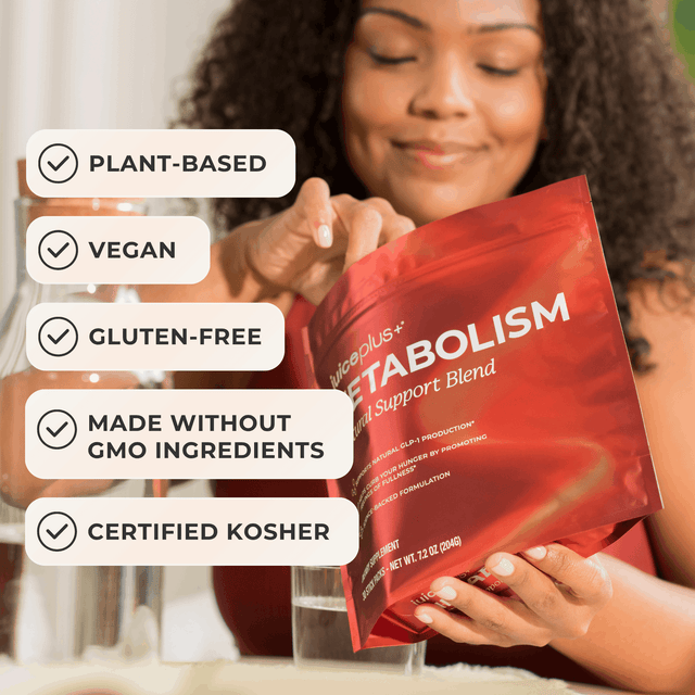 A woman holds a red pouch of Metabolism Support Blend powder while text overlays on the left list product benefits: plant-based, vegan, gluten-free, made without GMO ingredients, and certified kosher.
