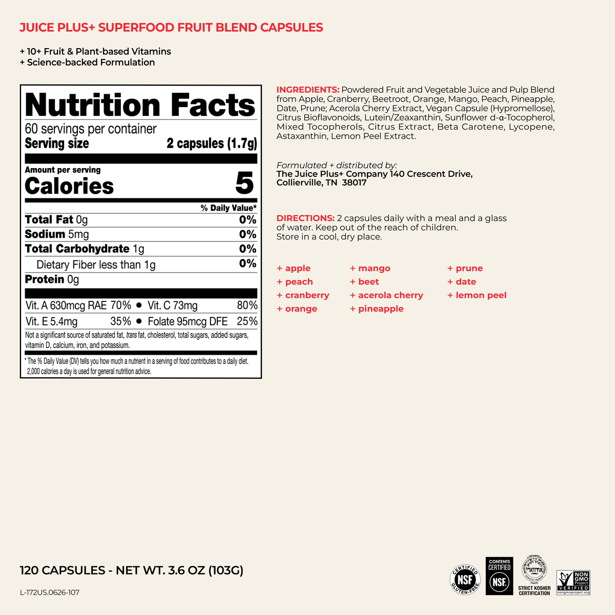 Front and back views of a Juice Plus+ Superfood Fruit Blend Capsules supplement package. The front shows the brand name, product type, and a large Nutrition Facts panel, while the back displays the ingredients list, directions, and storage instructions.