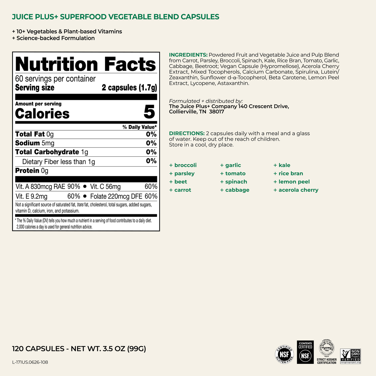 Front and back views of a supplement box for Juice Plus+ Superfood Vegetable Blend Capsules, showing the ingredients list, directions, and nutrition facts on a white background.