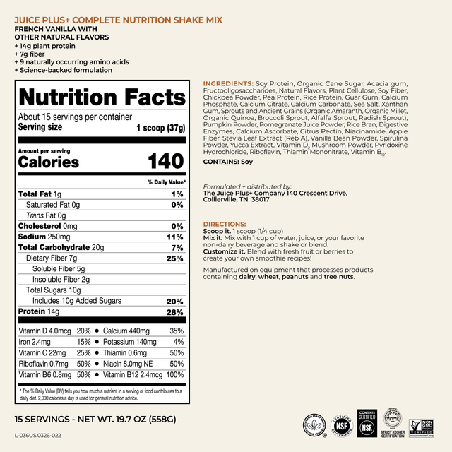 Juice Plus+ Vanilla Shakes label